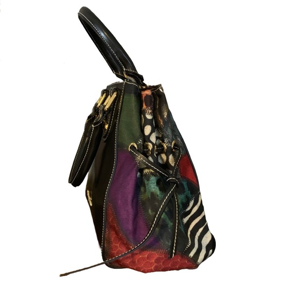 BRACCIALINI BLACK LEATHER SHOULDER BAG W/MULTI COLOR FABRIC SIDES - Picture 10 of 13